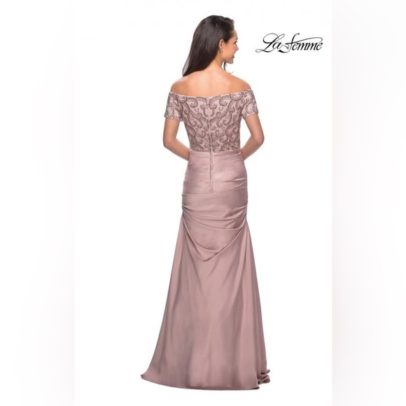 La Femme 25996 Champagne Beaded Off the Shoulder Pleated Formal Gown Size 10 - Picture 2 of 12